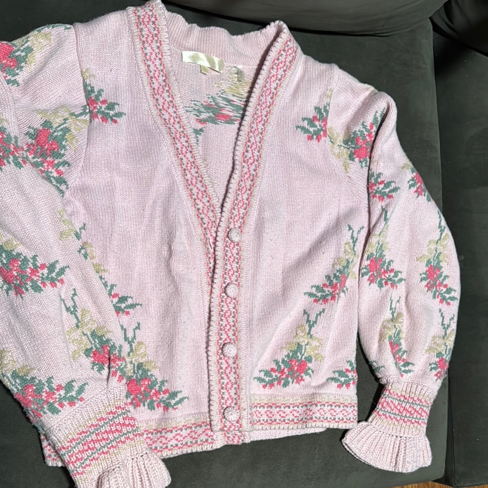 LoveShackFancy Pink Floral Cardigan Sweater